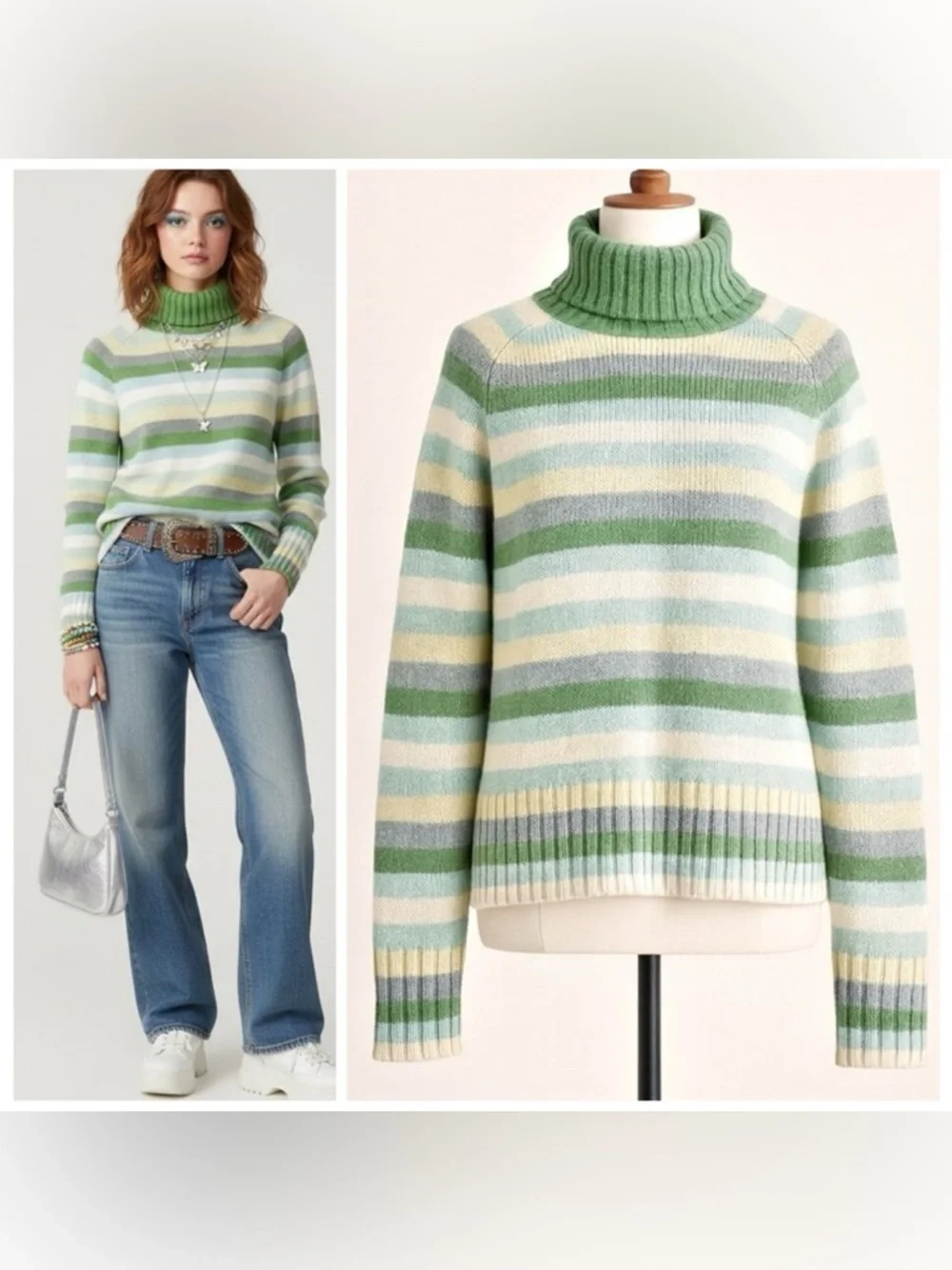GAP 2003 Y2K Striped Turtleneck Sweater Green Cream Wool Blend XL Hong Kong - Picture 12 of 13